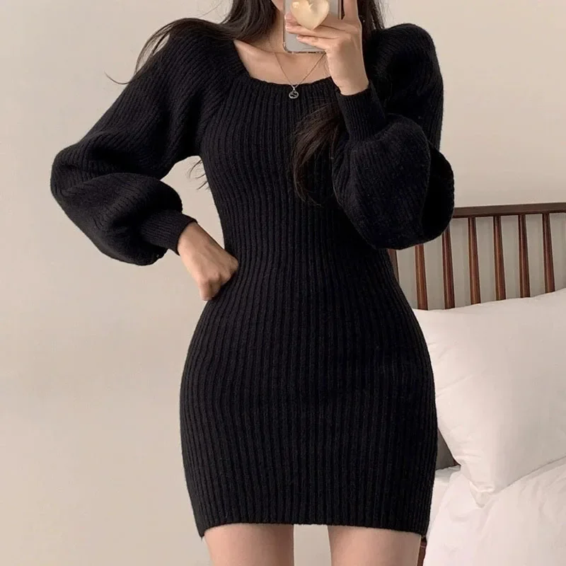 Maglione basic femminile tinta unita Abito coreano lavorato a maglia con colletto quadrato per mini abiti aderenti con maniche a sbuffo alla moda da donna