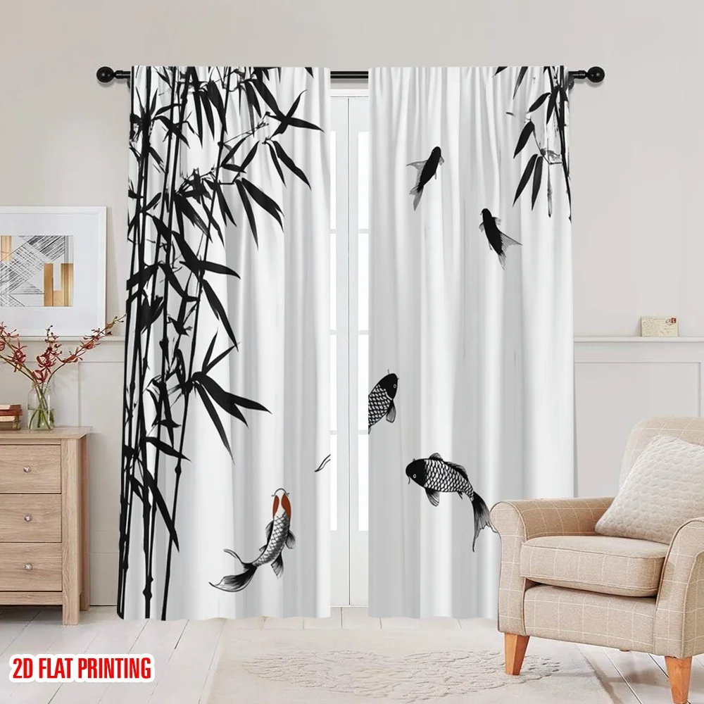 2 قطعة ستائر نافذة مطبوعة مسطحة ثنائية الأبعاد من الخيزران وأسماك كوي (2) ستائر بوليستر مطبوعة رقمية للاستخدام في العطلة لغرفة النوم