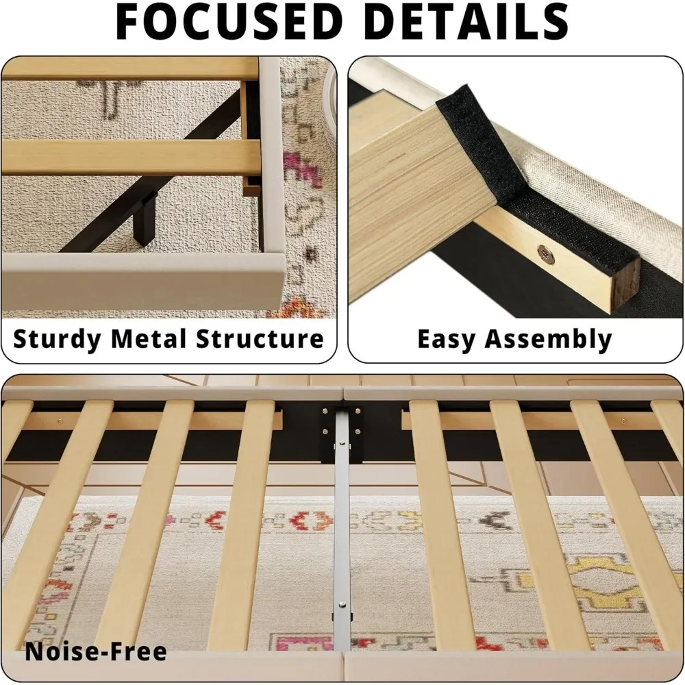 Bedframe, Hoog Boekenkast Hoofdeinde Met Laadstation, Massief Houten Lamellen Ondersteuning, Geen Boxspring Nodig, Eenvoudig Te Monteren