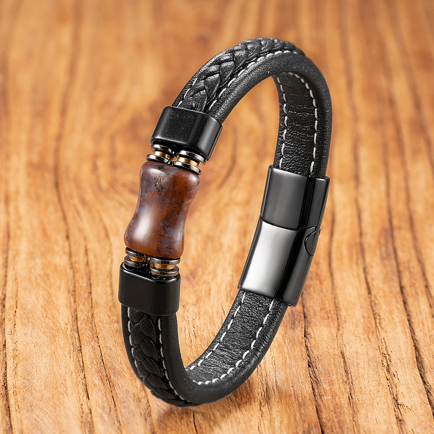 Vintage-Armband aus Achatstein, handgefertigt mit Lederband, einzigartiger Unisex-Boho-Schmuck für den täglichen Gebrauch. – Detail 6