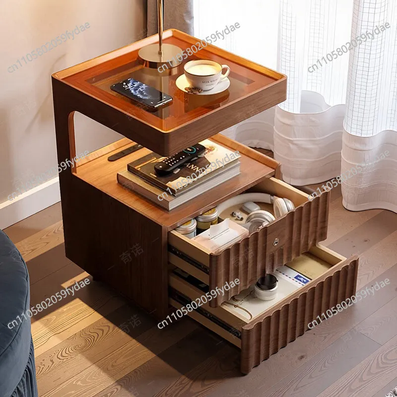 Multifunctional solid wood bedside table, simple modern home bedroom with lock locker storage cabinet, living room sofa side few