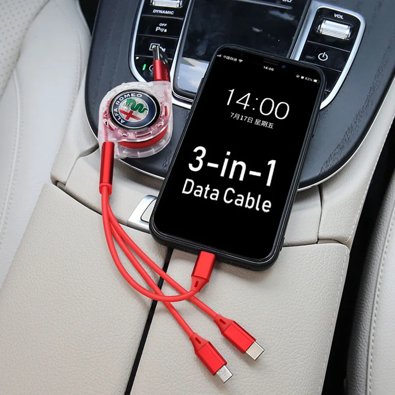 

3-in-1 Retractable 3A high current Fast Car charging data cable For Alfa Romeo 4C 159 Spider Giulia Giulietta 156 Tonale Mito 14