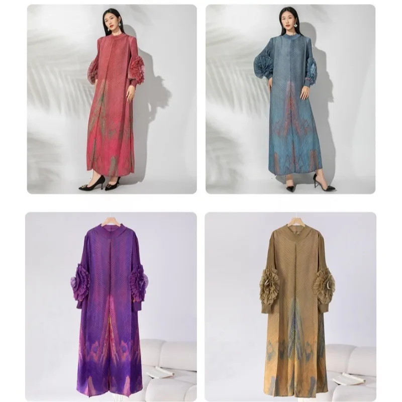 

Miyake Pleated 2025 Autumn Long-sleeved Dress New Women's Half-high Neck Loose Long Section of Large Size Printing Long Dresses