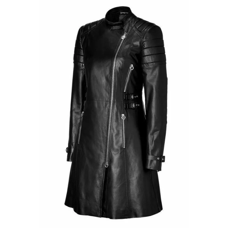 Women's Genuine Lambskin Real Leather Long Coat Trench Zipper Overcoat Jacket