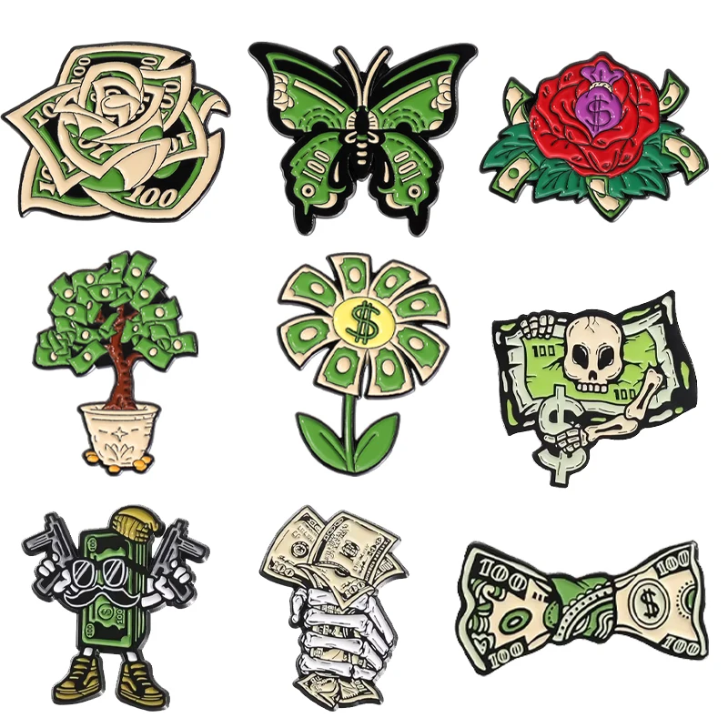 Creative Dollar Money Enamel Pins Cartoon Banknote Butterfly Flower Plants Brooches Backpack Collar Lapel Badge Jewelry for Gift