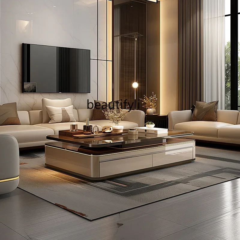 

CC New coffee table double-layer large apartment high-end simple glass table tea table rock slab living room home