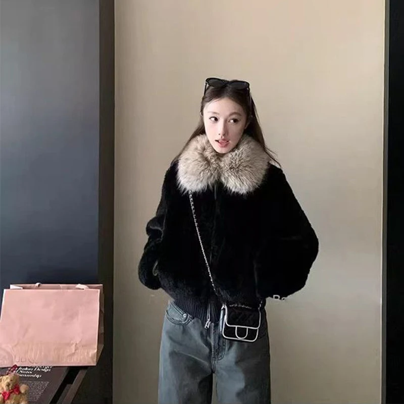 MEXZT Black Faux Fur Coat Women Fashion Cropped Patchwork Fluffy Jacket Winter Streetwear Korean Long Sleeve Furry Outerwears