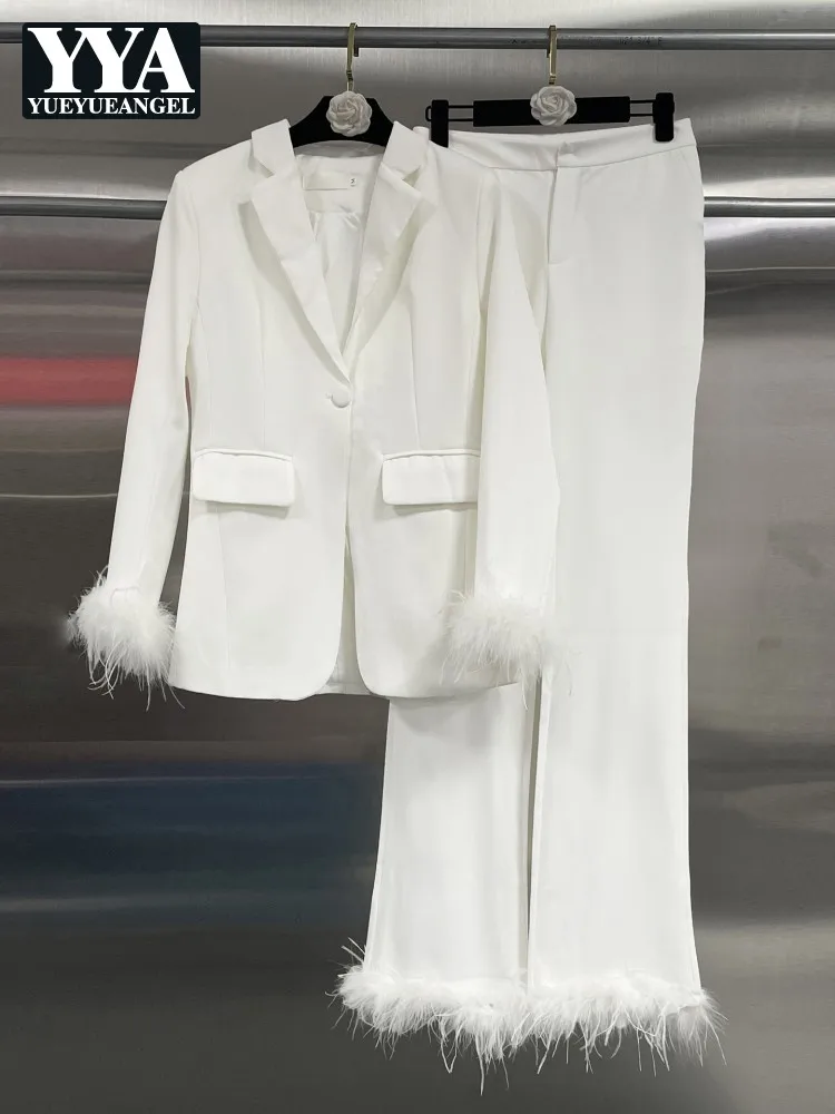 

Office Ladies Elegant Solid Color Suits Sets Banquet Fashion Women Single Button Feather Blazers Straight Pants Two Piece Set