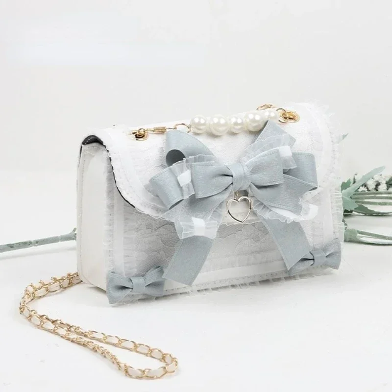 MBTI Lolita Bow Lace Shoulder Bag for Girl Pearl Jk Kawaii 2023 New Trend Purse Japan Style Gentle Female Designer Crossbody Bag