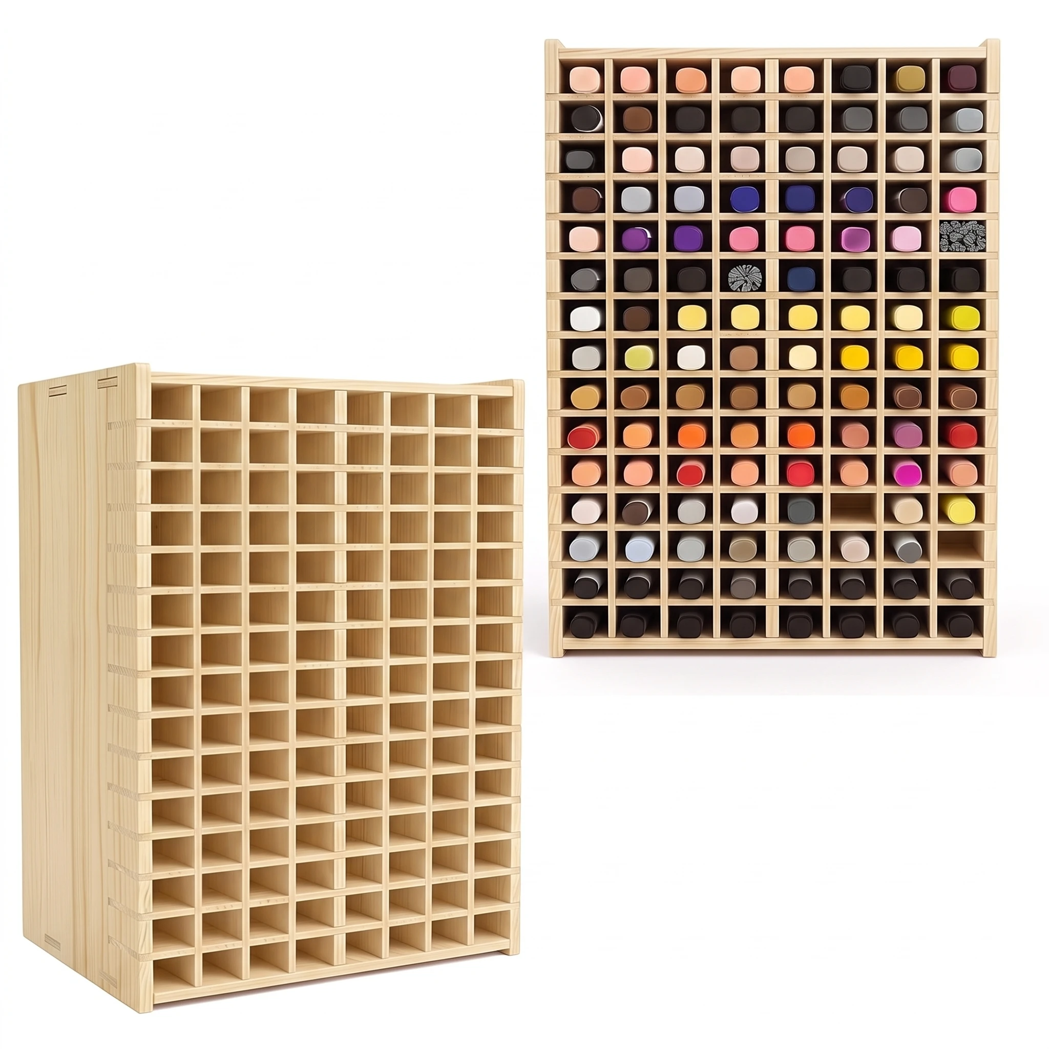 120-Slot Wooden Marker Organizer, 15×8 Grid Desktop Pen Holder, Removable Divider Marker Storage Rack for Markers, Colored Pencils & Art Supplies