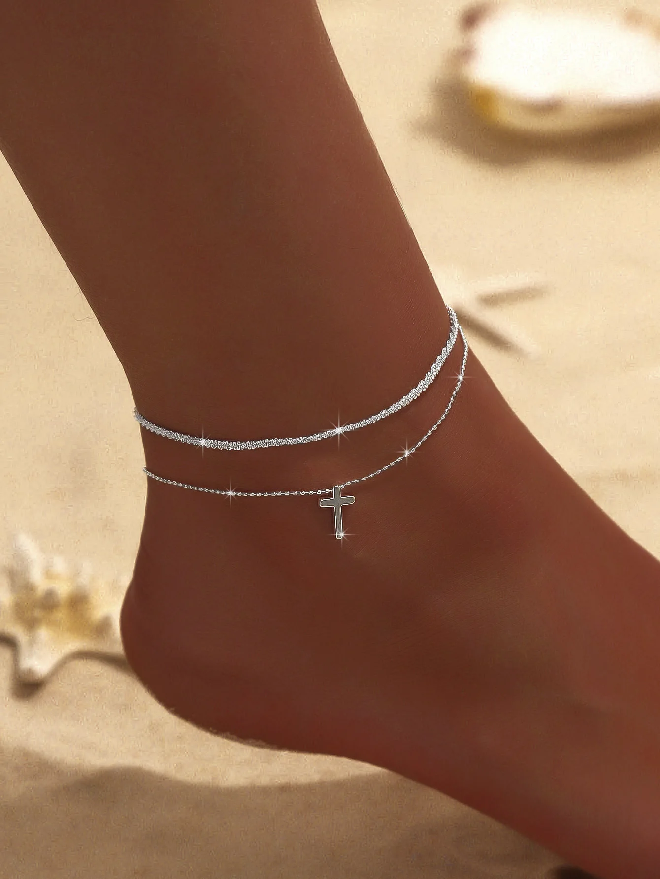 Sparkling Thin Chain Anklet for Women Zircon Cross Pendant on Leg Foot 2025 Trendy Summer Beach Jewellry Halloween Gifts