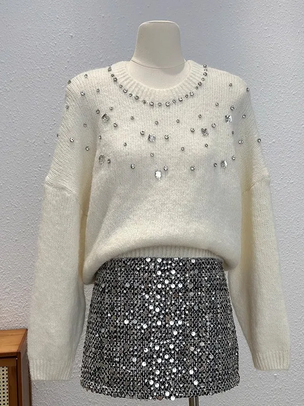 

ey Design Sense round Ne Pullover Knitted Sweater Unique Heavy Diamond Embellied ort Loose Women's Top for Autumn Winter