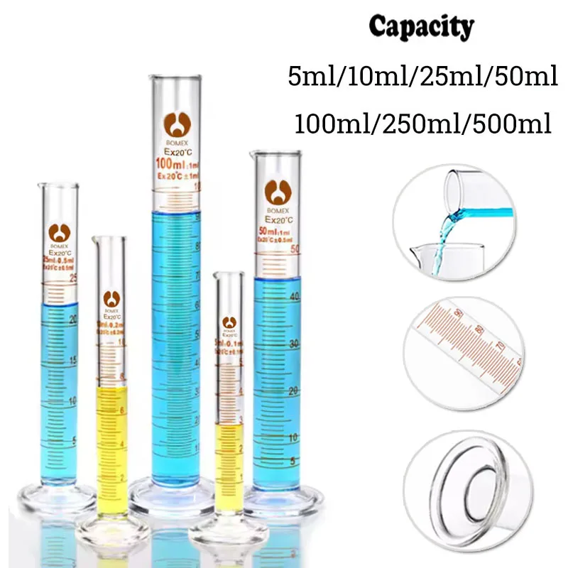 1 PCS High Accuracy Glass Measuring Cylinder Set 5ml 10ml 25ml 50ml 100ml 250ml 500ml for Chemistry Lab Supplies
