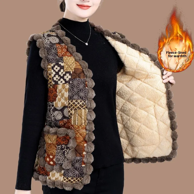 Thickened Fleece Warm Vest Autumn Winter Women's Fashion New Style Top Coat Large Size V-neck Regular Length Single Button