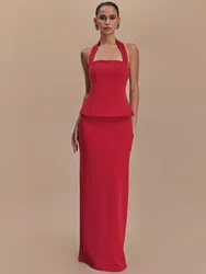 Mozision Backless Sexy 2 Piece Sets Women Solid Square Collar Halter Tops And Long Skirt Female Slim Fit Club Two Piece Sets