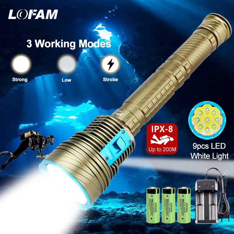 Ultra Bright 9x L2 Under Water Lantern Diving Flashlight Spearfishing Lamp  IPX8 Tactics Dive Torch For Hunting 26650 battery