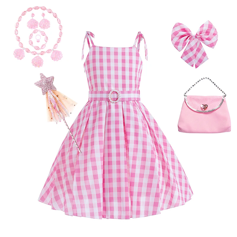 Pink Princess Costume Sleeveless Ball Gown Moive Role Cosplay Dress With Belt Plaid Skirt Halloween Costume Girls Dress Up 2-10T