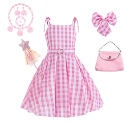 Pink Princess Costume Sleeveless Ball Gown Moive Role Cosplay Dress With Belt Plaid Skirt Halloween Costume Girls Dress Up 2-10T