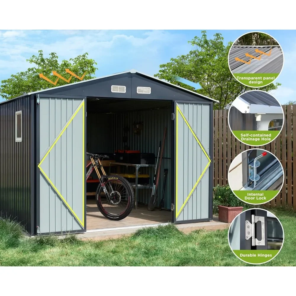 10x12x7.5 FT Outdoor Storage Shed, Galvanized Steel Metal Garden Sheds with 2 Light Transmitting Window and Double Lockable Door