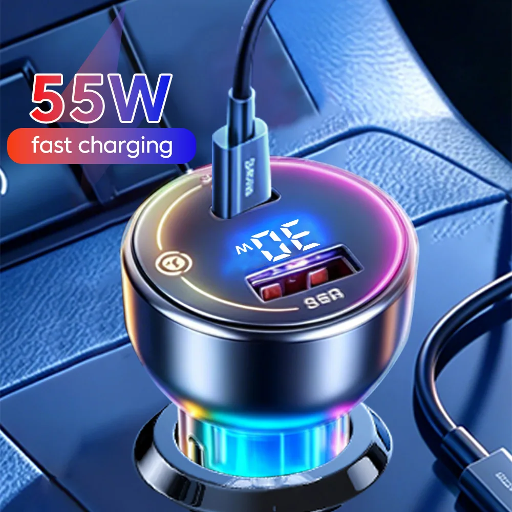 55W USB Type C Fast Charging Car Charger PD30W+QC Super Charge LED Mobile Phone Charger for Iphone 17 16 Samsung XIaomi