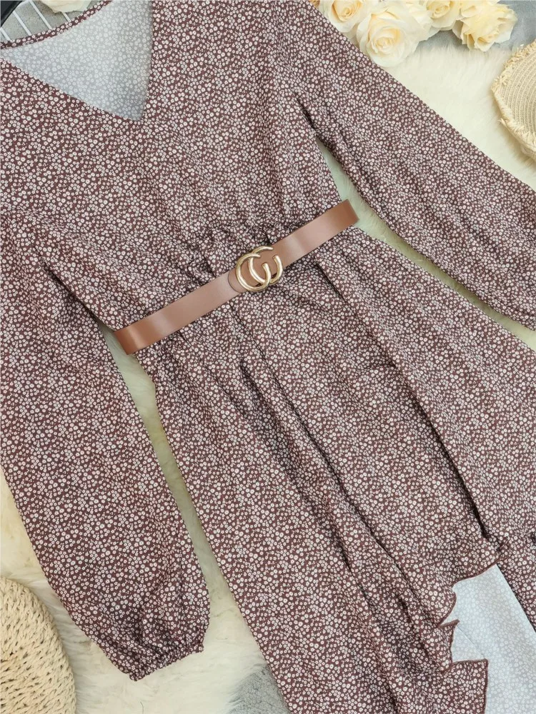 Sexy Dresses Slim Printed V-neck Fashionable High-waisted Robe Elegant Office Commuting Party Prom Nightclub Vestidos With Belt