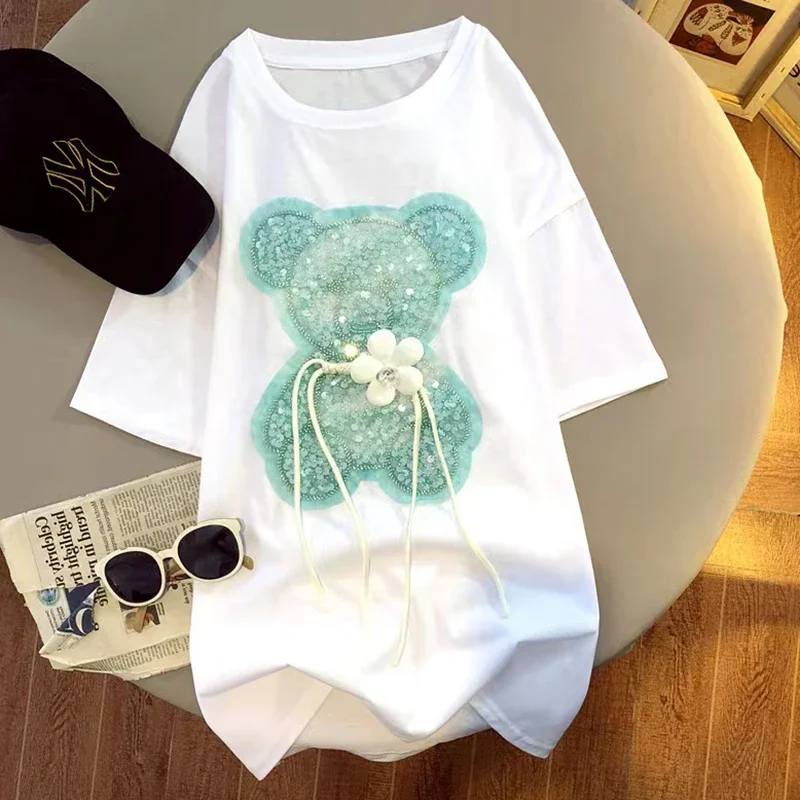 Tshirts For Women Summer Korean Fashion 100% Cotton Short Sleeve Tshirt Bear sequins Designer Clothes Women Luxury Tops S-3XL