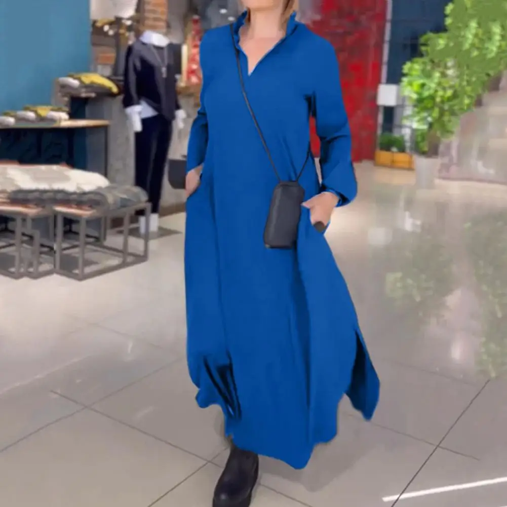 

Dress Elegant V Neck Maxi Dress with Side Pockets for Women A-line Silhouette Long Sleeves Ankle Length Fall Spring Wear Fall