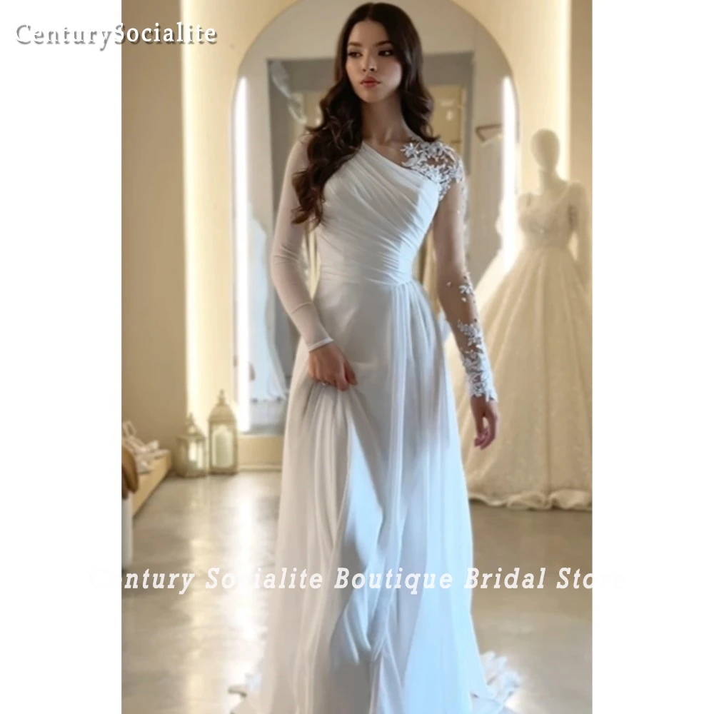 Laço apliques vestidos de casamento 2025 mangas compridas plissados chiffon uma linha praia vestidos de noiva boho vestidos de noiva personalizados