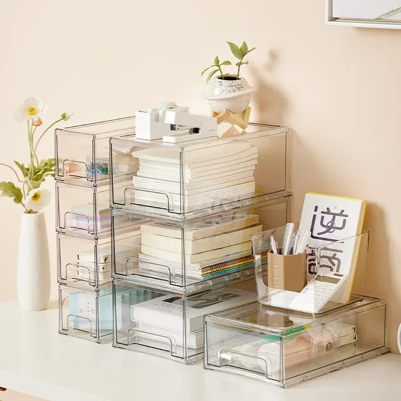 Simple transparent drawer style storage box with desktop overlay for cosmetics and miscellaneous items sorting box