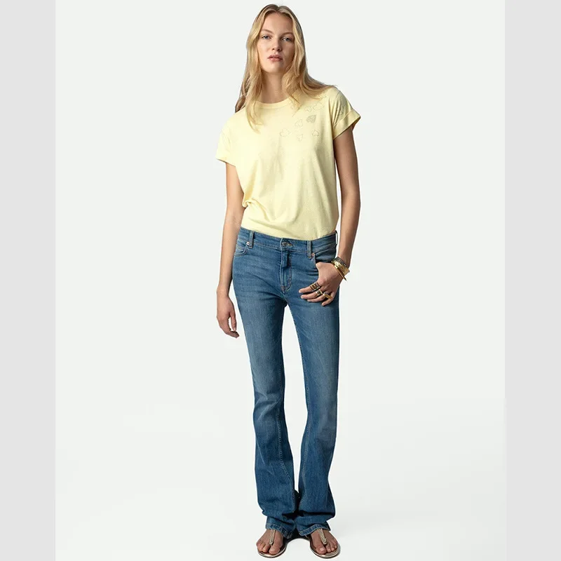 Spring New Arrival French NicheZV Heart Rhinestone Sleeves Rolled Edges Linen Yellow Women's Style Round Neck Short T-Shirt