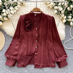 Basics V-neck Vintage Long Puff Sleeve Floral Single Breasted Jacquard Satin Top French Streetwear High Street Autumn Blouse