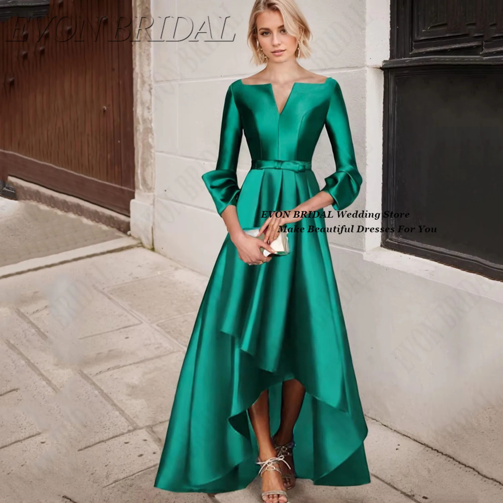 

3/4 sleeves فستان سهرة نسائي A-Line Prom Party Dress Irregular Satin Evening Party Dress EVON BRIDAL Customized