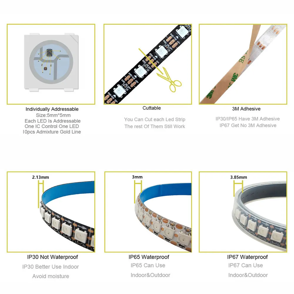 5V WS2812 WS2812B RGB Led Strip 30/60/74/96/144 Leds/m Black White PCB IP30 IP65 IP67 Individually Addressable IC Led Light Tape