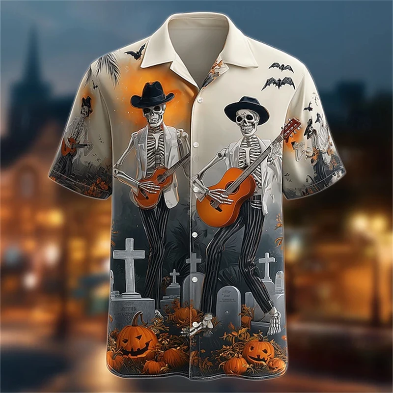 

2025 Halloween Men's Theme Shirt Skull Print Button-Up Short Sleeve Dark Punk Gothic Style Holiday Streetwear Summer Edition