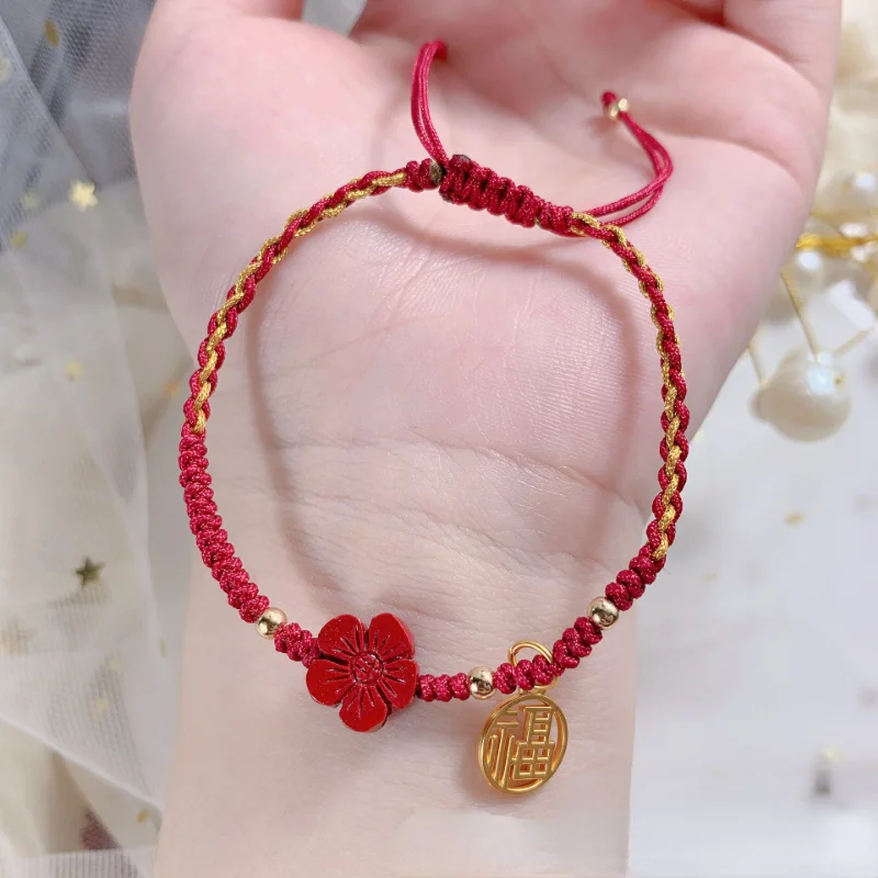 Chinese Style Cinnabar Little Red Flower Lucky Bracelets for Women \'Fu\' Word Brand Retro Hand-Woven Red Rope Jewelry Girls Gifts