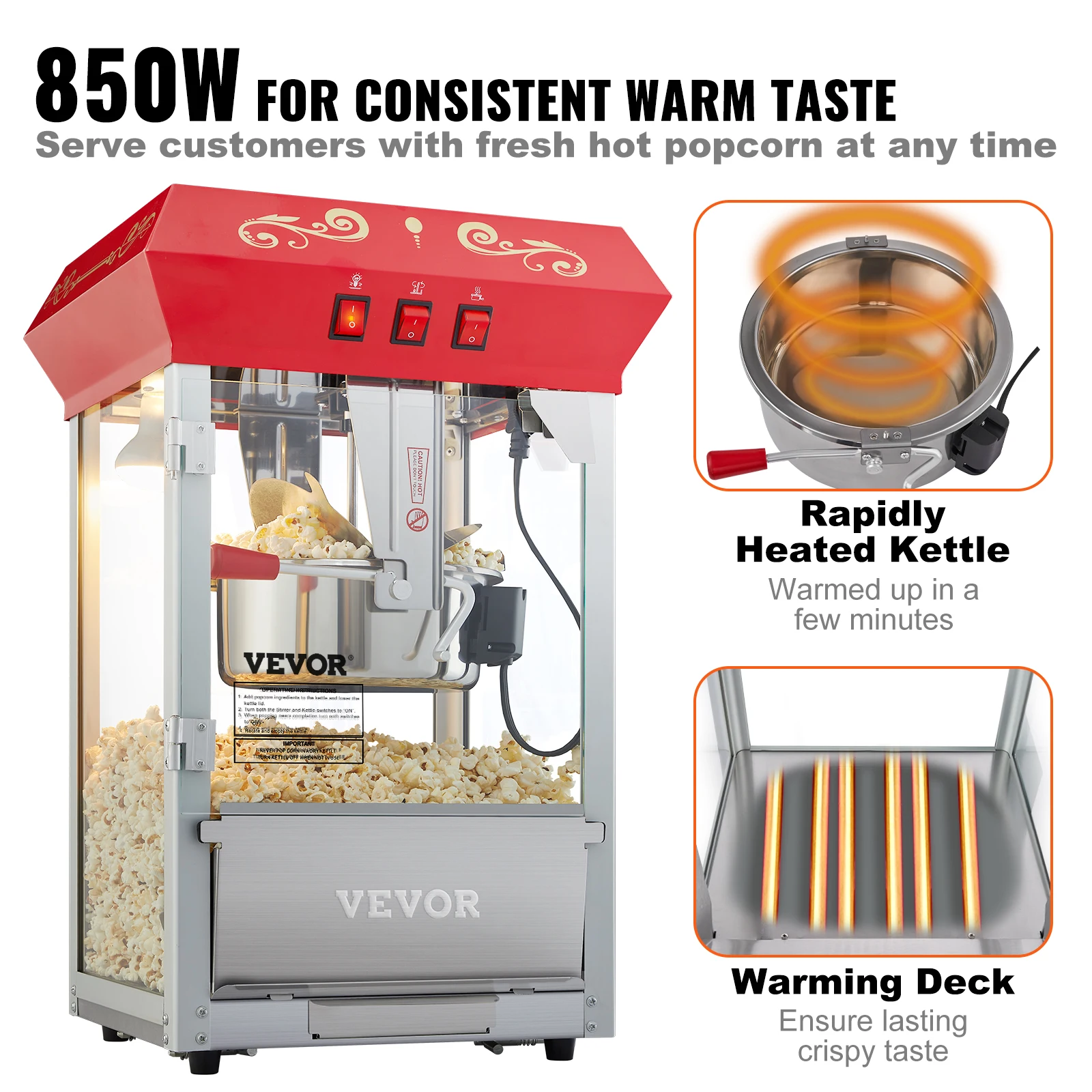 Vevor Commerciële Popcornmachine, 8/12 Oz Ketel, Aanrecht Popcorn Maker ,Theater Stijl Popper Met 3-Switch Control, Rood