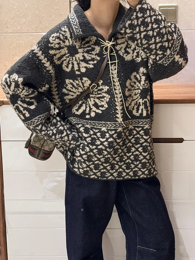 

Осенне-зимний уличный свитер свободного кроя для женщин с цветочным пэчворком, воротником и длинными рукавами, вязаный джемпер