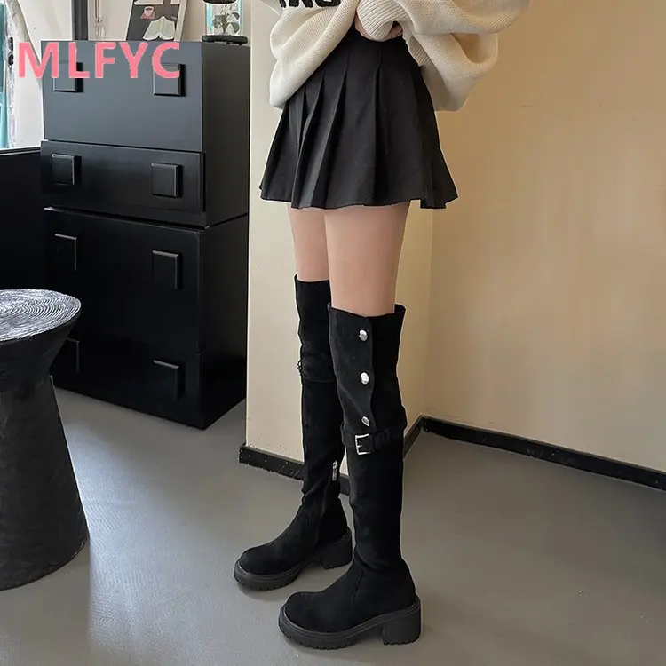 

Retro Two Wear Knee Over Boots Women's 20 Autumn/Winter New Elastic Stacked Boots Thick Heel Thick Sole High Barrel Knight Boots