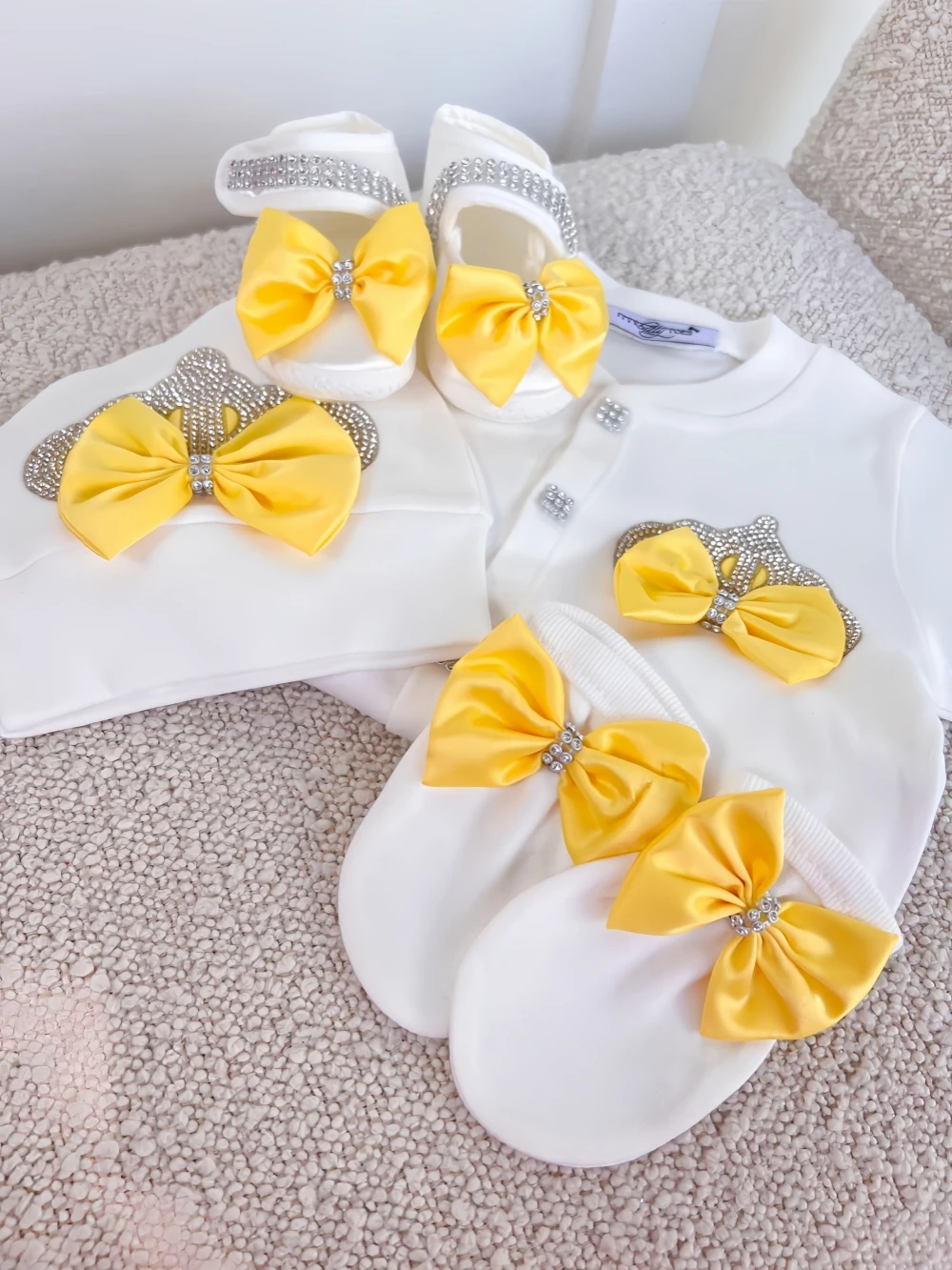 Lemon Yellow Baby Girl Romper Newborn Jewels Layette 4 Piece Gift Set