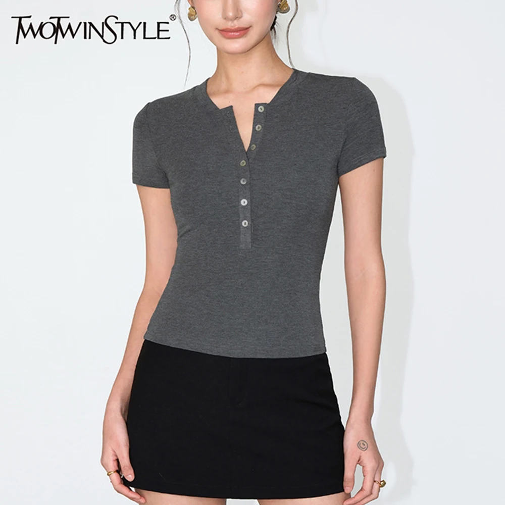 

TWOTWINSTYLE однотонные футболки для похудения на пуговицах для женщин, темпераментные футболки с v-образным вырезом и короткими рукавами, женские новые