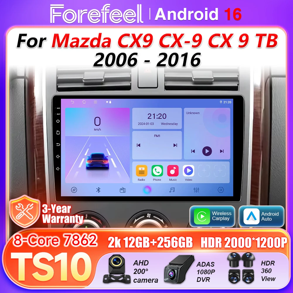 Android 16 Auto Car Radio For Mazda CX9 CX-9 CX 9 TB 2006 2007 2008 - 2016 Carplay BT 5G Wifi Multimedia Player Video GPS DSP