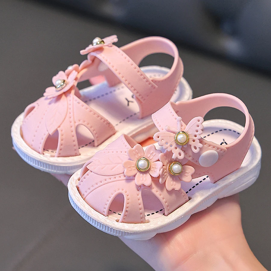 New Summer Aged 0-3 Cute Flower Pearls Baby Shoes For Girls Non-Slip Soft-Soled Children Toddler Kids Sandals With Covered Toes