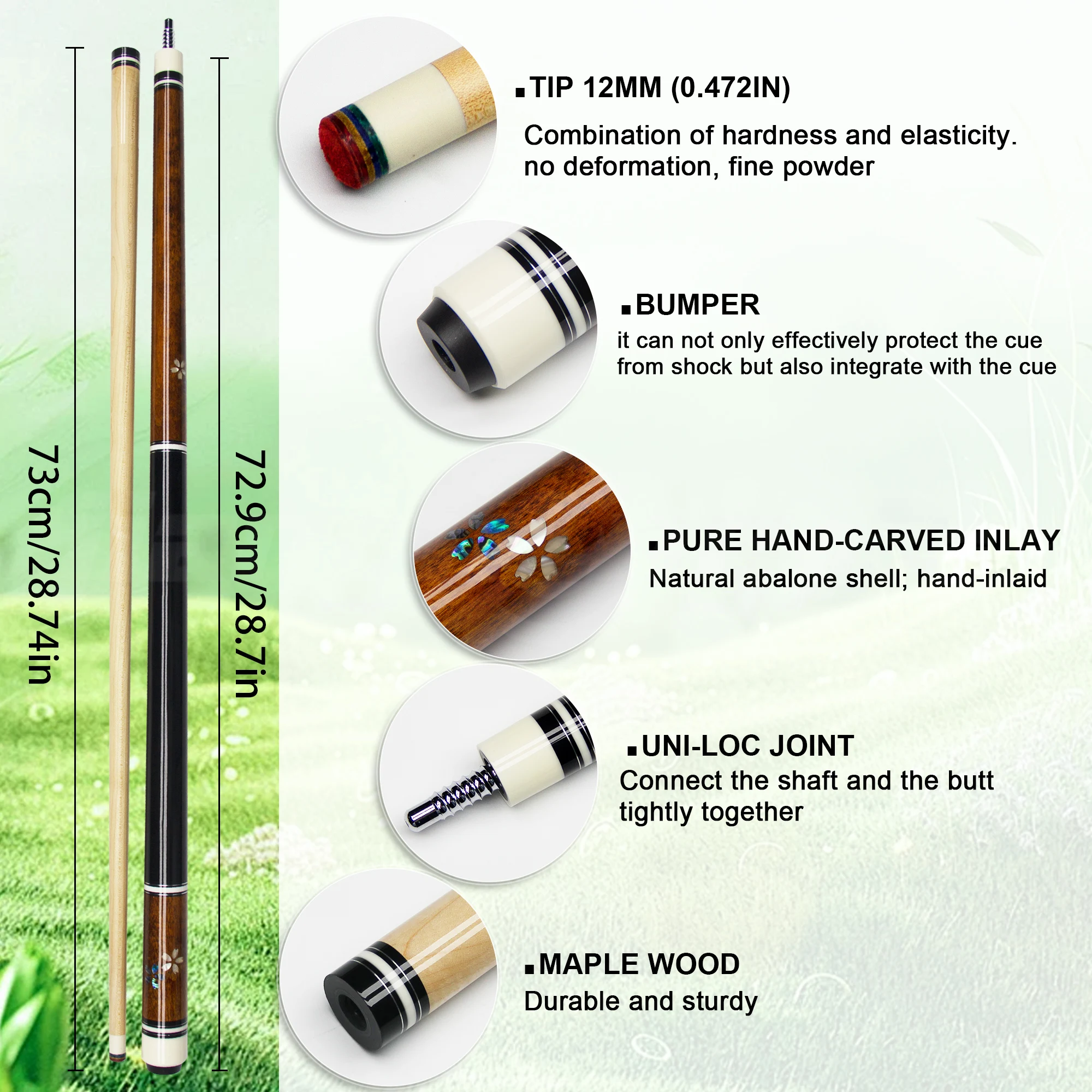 12-mm-Premium-Pool-Queue aus Ahorn, handeingelegt mit mehrschichtiger Regenbogen-Lederspitze mit Rautenmuster und UNI-LOC-Verbindung