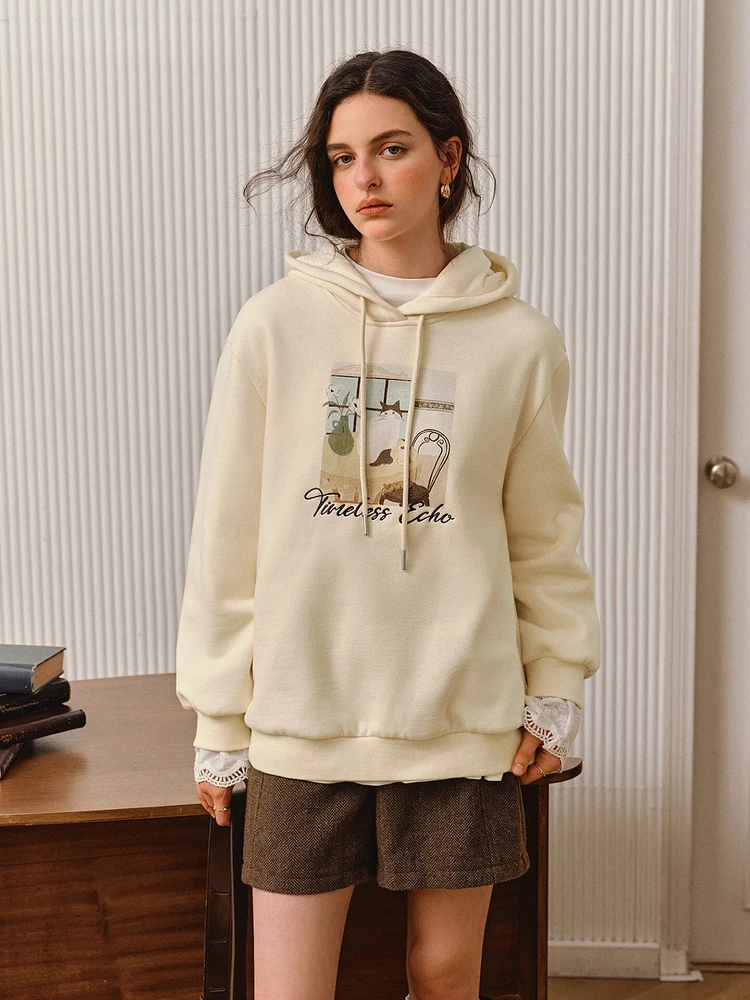 

OLrain Women's Casual Hooded Sweatshirts 2025 Autumn New in Long Sleeve Loose Fun Print Tops Knitted Female Pullover O57QR001101