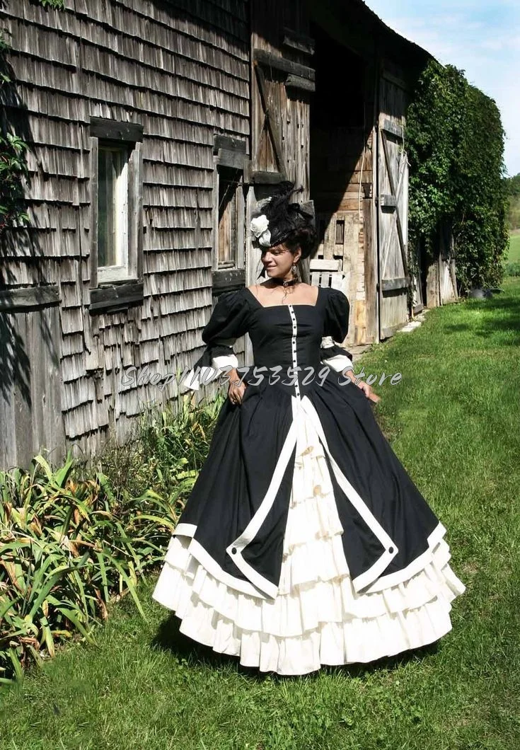 Classic Black White Victorian Prom Dress Vintage Square Neck Bubble Sleeve Layered Corset Corset Role Play Theatre Customised