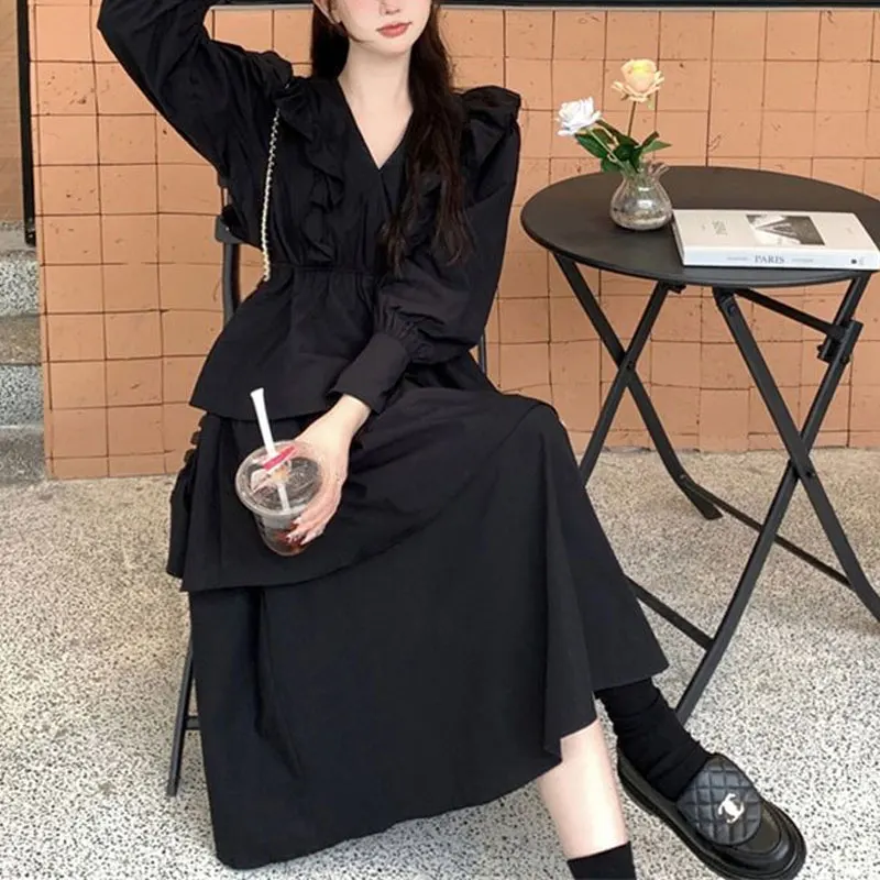 Elegant V-Neck Layered Midi Dress Spring Autumn Fashion Ruffles Spliced Women\'s Clothing Solid Color Aura A-Line Waist Dresses