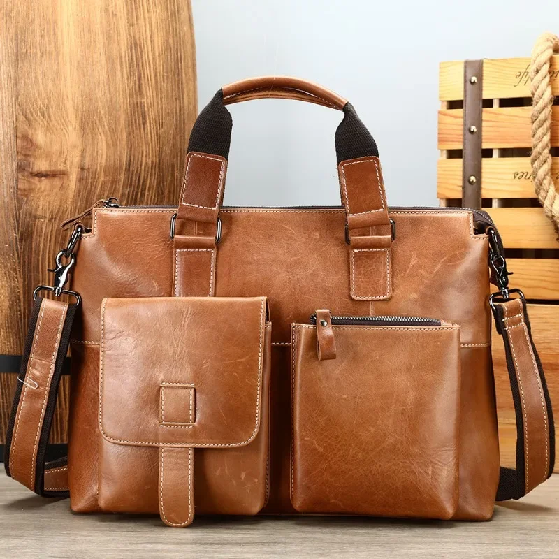 Men's Leather Bag 14 Shoulder Messenger Bags for Men Totes Bags for Document Men's Briefcases Genuine Leather Laptop Bag