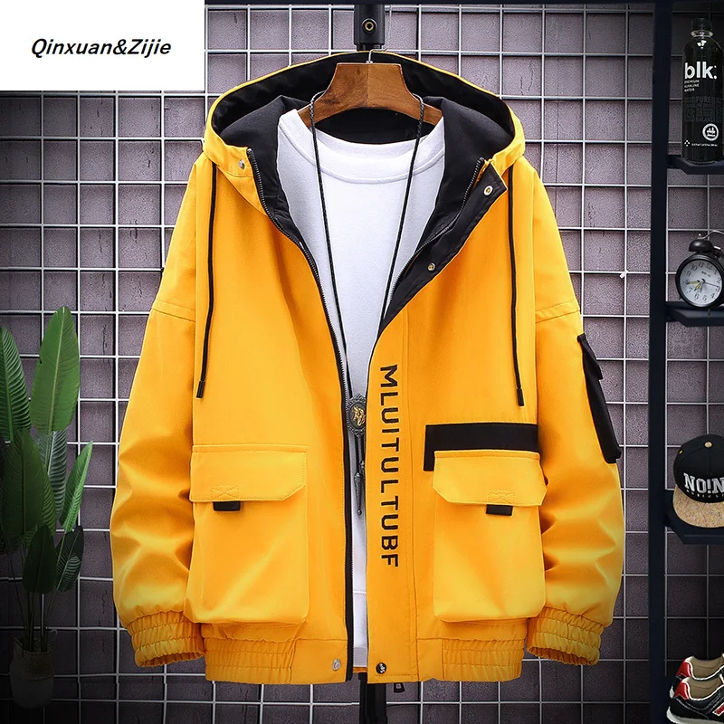 

Q&Z Mens Hooded Jacket Spring Autumn Thin Patchwork Man Casual Coat Multi-pocket Sport Windbreaker Jackets Hip Hop Streetwear