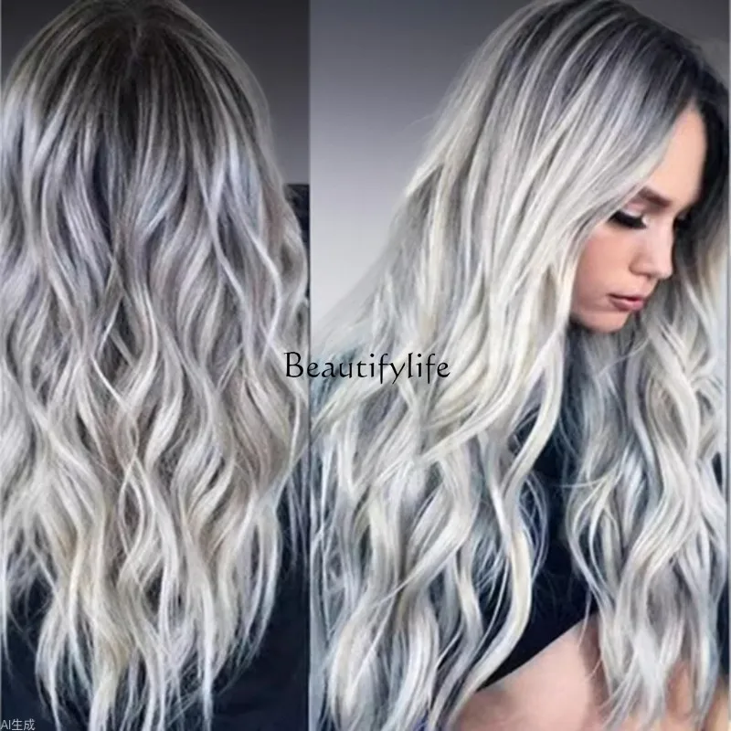 

Highlighting medium division long curly hair, gray gradual change animation wig chemical fiber full head cover