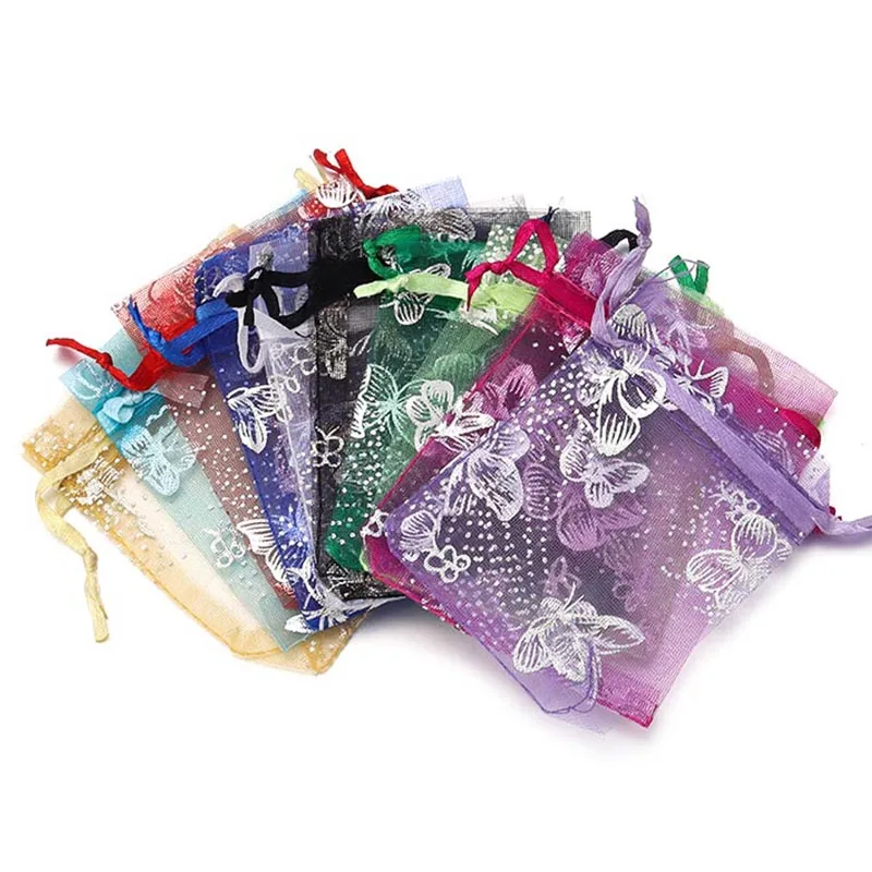 10pcs/Lot 7x9 9x12cm Colorful Organza Bag Butterfly Design Pounch Jewelry Packaging Bag Wedding/Christmas Favor Pouches & Gift